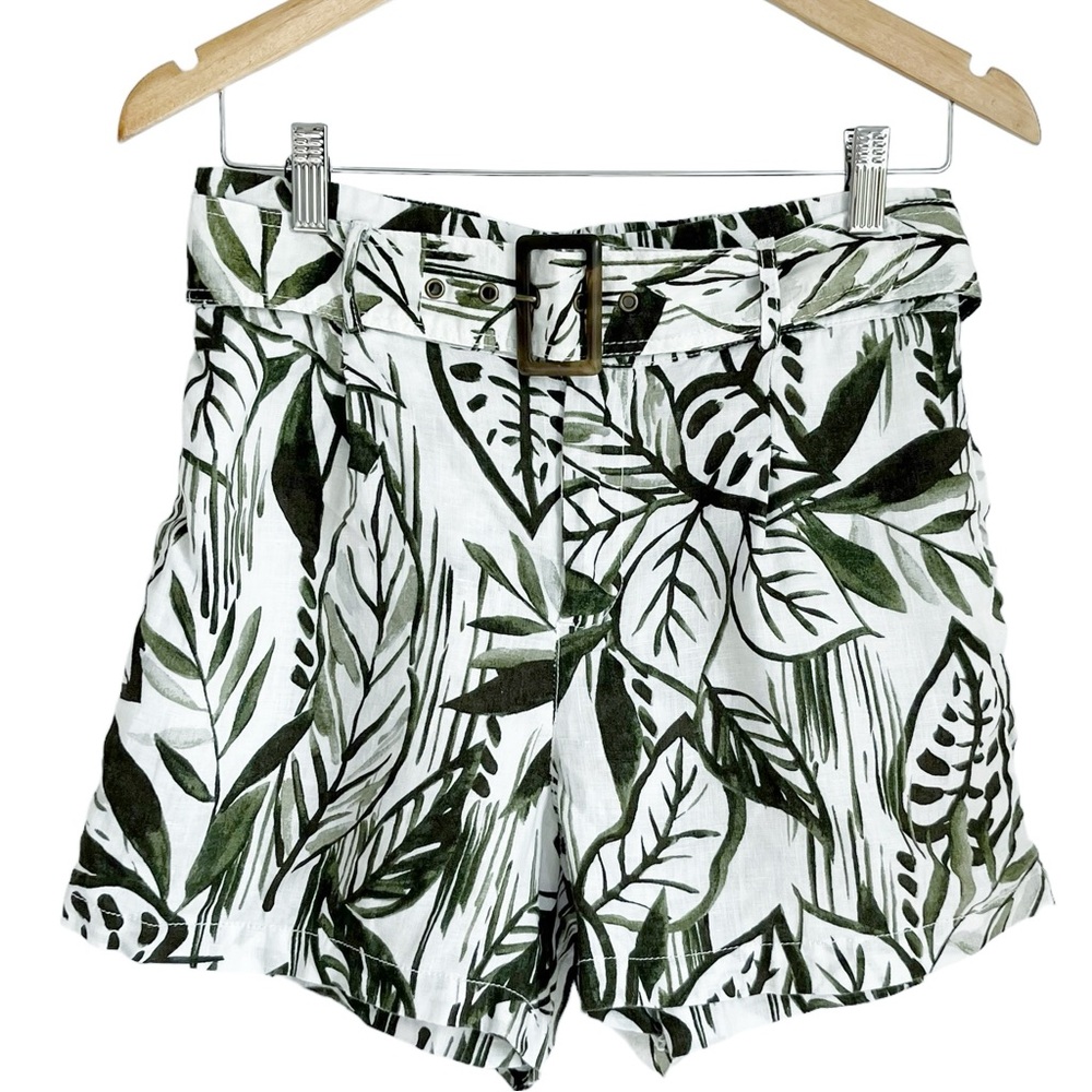 Tahari Linen Shorts High Waist Elastic Back Belt Leaf Tropical Palm Print